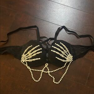 Black Lace Bra with Pearl Skeleton Design